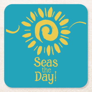 Modern Zonneblauw Geel Strandhuis Zeeen Day Set Kartonnen Onderzetters