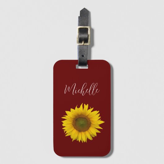 Modern Zonnebloem Elegant Script Rood Bagagelabel (Voorkant (verticaal))
