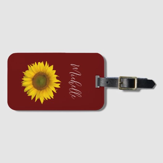 Modern Zonnebloem Elegant Script Rood Bagagelabel (Voorkant (horizontaal))