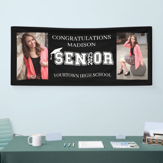 Modern Zwart 2 Foto Afstuderen Klasse 2025 Spandoek (Beurs)