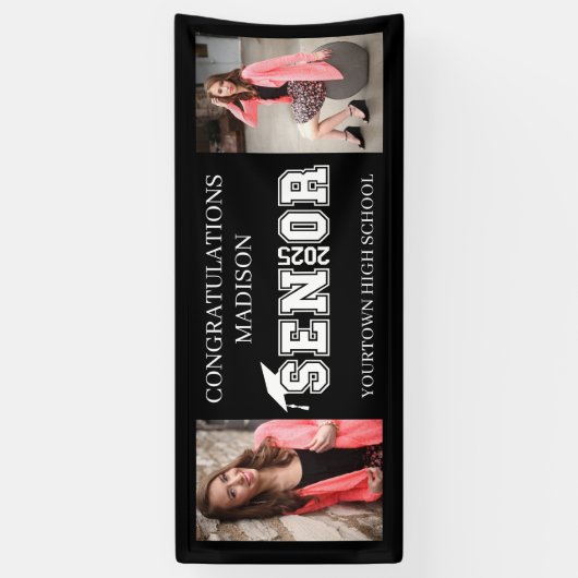 Modern Zwart 2 Foto Afstuderen Klasse 2025 Spandoek (Verticaal)