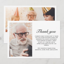 Modern Zwart 2-foto Elegant Script begrafenis Bedankkaart