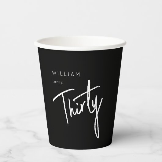 Modern Zwart 30e Dertigste verjaardagsfeestje Papieren Bekers (Voorkant)