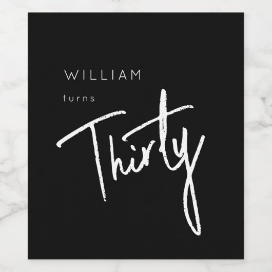 Modern Zwart 30e Dertigste verjaardagsfeestje Wijn Etiket (Enkel label)