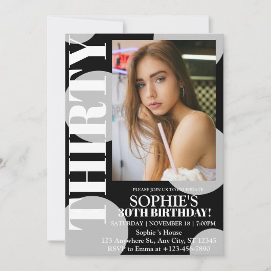 Modern Zwart 30e verjaardag Party Foto Kaart (Voorkant)