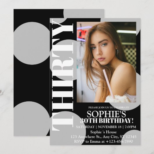 Modern Zwart 30e verjaardag Party Foto Kaart (Voorkant / Achterkant)