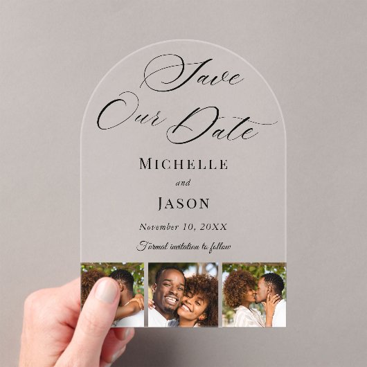 Modern Zwart 3 Fotostrip Trouwen Save the Date Acryl Uitnodigingen (Insitu (Draagbaar))