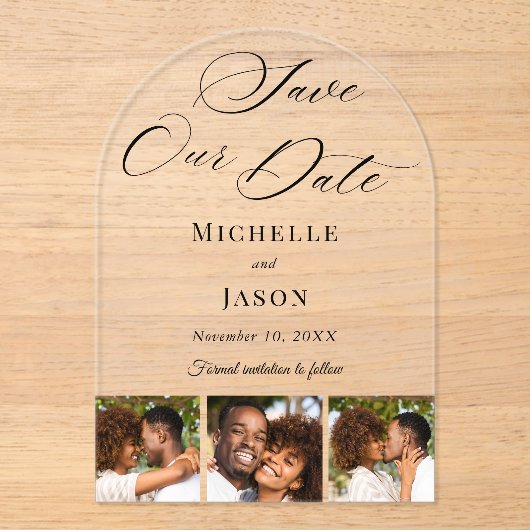 Modern Zwart 3 Fotostrip Trouwen Save the Date Acryl Uitnodigingen (Voorkant)