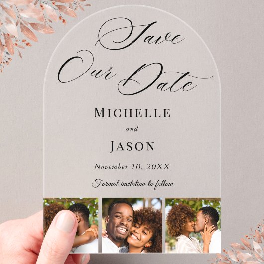 Modern Zwart 3 Fotostrip Trouwen Save the Date Acryl Uitnodigingen