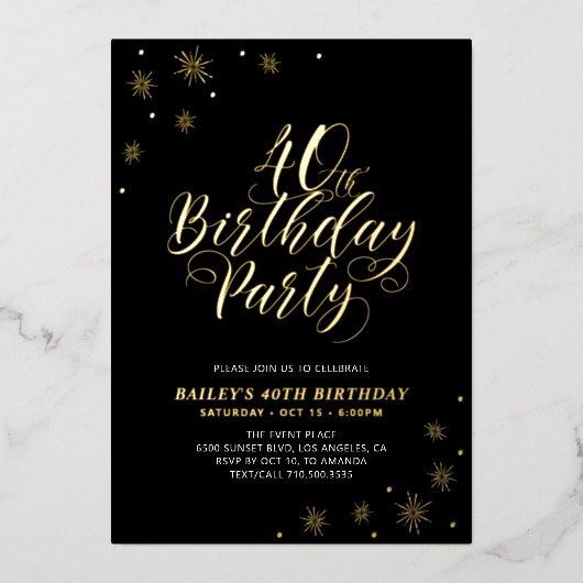 Modern Zwart 40e verjaardagsfeestje Echt Folie Uitnodiging (Voorkant)
