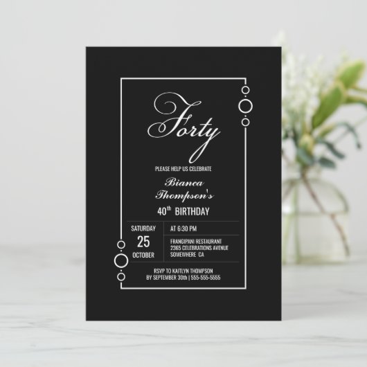 Modern Zwart 40ste Verjaardagsfeest Kaart (Staand voorkant)