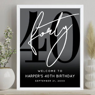 Modern Zwart 40ste Verjaardagsfeest Welkomstbord Poster