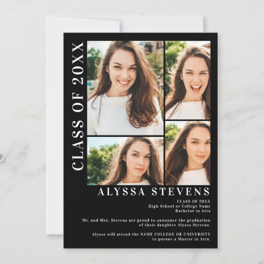 Modern zwart 5-fotoraster afstuderen kaart (Voorkant)