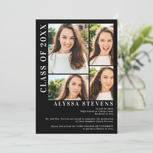 Modern zwart 5-fotoraster afstuderen kaart (Staand voorkant)