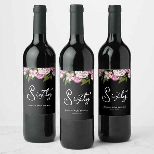 Modern Zwart 60e verjaardag Floral Wijn Etiket (Flessen)