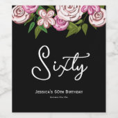 Modern Zwart 60e verjaardag Floral Wijn Etiket (Enkel label)