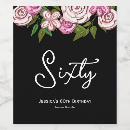 Modern Zwart 60e verjaardag Floral Wijn Etiket (Enkel label)