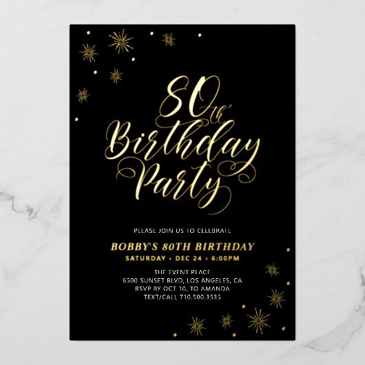 Modern Zwart 80ste Verjaardagsfeestje Echt Folie Uitnodiging (Voorkant)