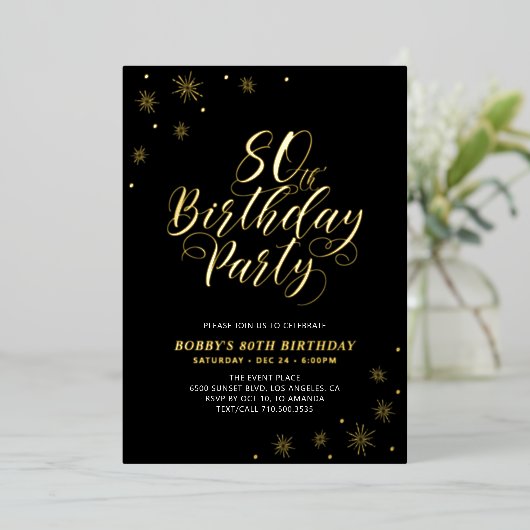 Modern Zwart 80ste Verjaardagsfeestje Echt Folie Uitnodiging (Staand Voorkant)