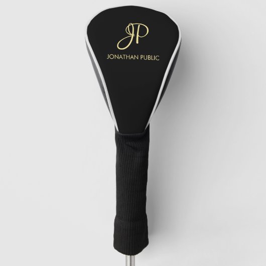 Modern Zwart Aangepaste Sjabloon Goud Monogram Bes Golfheadcover (Voorkant)