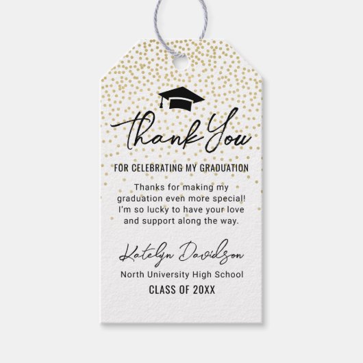 Modern zwart Afstuderen Dank u gouden Confetti Cadeaulabel (Voorkant)