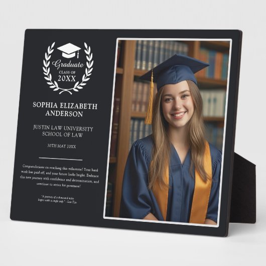 Modern Zwart Afstuderen Laurel Wreath Embleem Foto Fotoplaat (Zijkant)