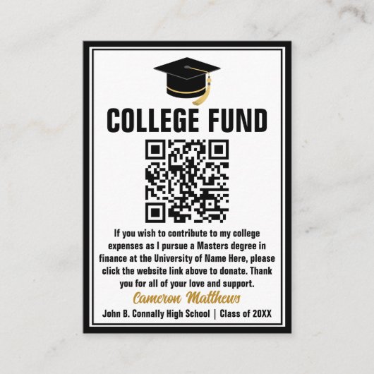Modern Zwart Afstuderen Photo College Fund QR-code Informatiekaartje (Voorkant)