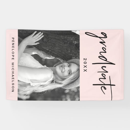 Modern zwart Afstuderen script met Photo Blush Spandoek (Horizontaal)