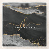 Modern Zwart Agaat Goud Glitter Script Monogram Glazen Onderzetter (Voorkant)