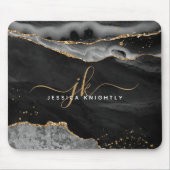 Modern Zwart Agaat Goud Glitter Script Monogram Muismat (Voorkant)