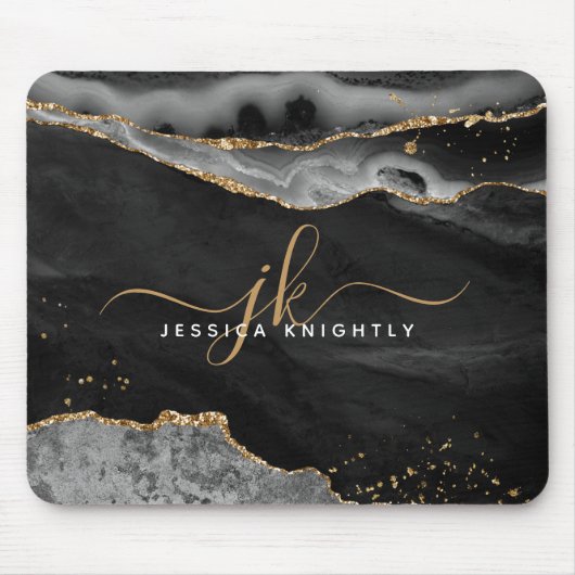 Modern Zwart Agaat Goud Glitter Script Monogram Muismat (Voorkant)