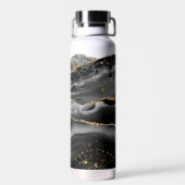 Modern Zwart Agaat Goud Glitter Script Monogram Waterfles (Achterkant)