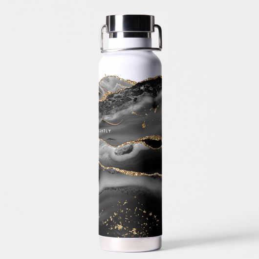 Modern Zwart Agaat Goud Glitter Script Monogram Waterfles (Achterkant)