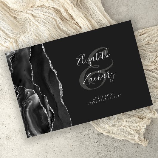 Modern zwart agaat zilver script donker gastenboek