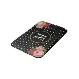 Modern Zwart Antiek Bloemen Polka Dots Monogram Badmat