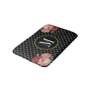 Modern Zwart Antiek Bloemen Polka Dots Monogram Badmat