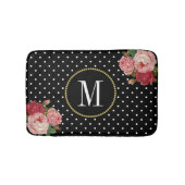 Modern Zwart Antiek Bloemen Polka Dots Monogram Badmat (Voorkant)