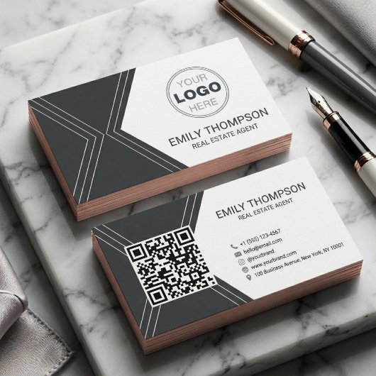 Modern Zwart Art Deco QR Code Vastgoed Logo Visitekaartje