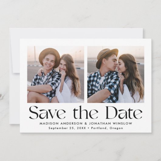 Modern  zwart belettering 2 foto save the date (Voorkant)