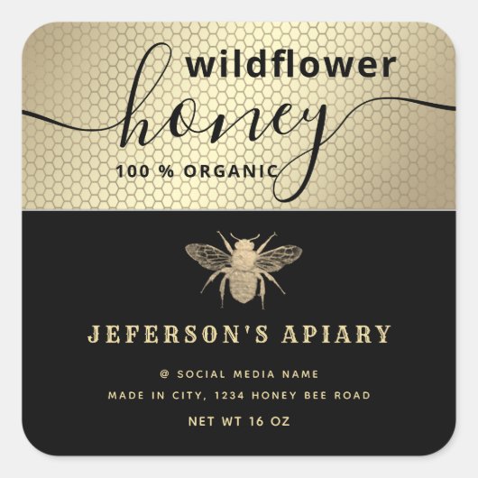 Modern zwart bijenschrift Honey jar Classic Ro Vierkante Sticker (Voorkant)