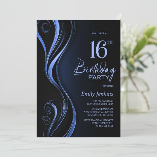 Modern Zwart Blauw 16e Verjaardagsfeest Kaart (Staand voorkant)