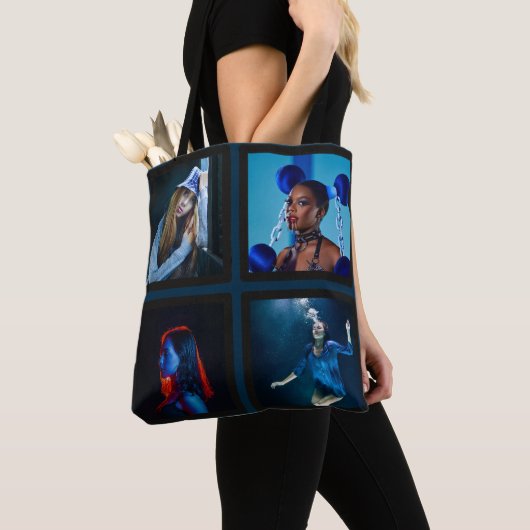 Modern zwart Blauw fotocollage vrouw Tote Bag (Dichtbij)