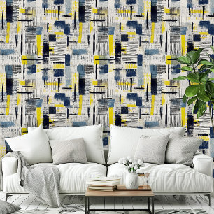 Modern Zwart Blauw Geel Kruis Uitgebroed Patroon Behang