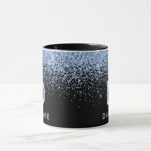 Modern zwart-blauw glitter initiaal monogram mok (Midden)
