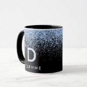 Modern zwart-blauw glitter initiaal monogram mok (Voorkant links)