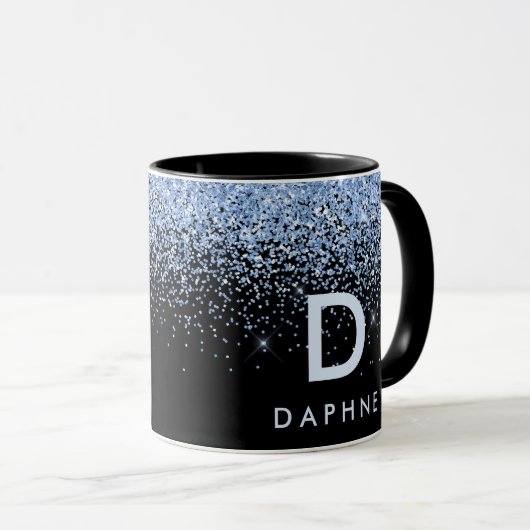Modern zwart-blauw glitter initiaal monogram mok (Voorkant rechts)