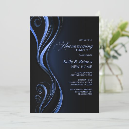 Modern Zwart Blauw Housewarming Party Kaart (Staand voorkant)