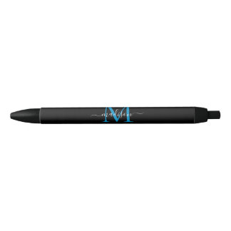 Modern zwart blauw monogram elegante scriptnaam zwarte inkt pen