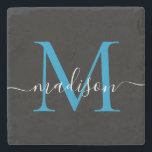 Modern Zwart Blauw Monogram Vrouwelijk Script Naam Stenen Onderzetter<br><div class="desc">Elegante Black Ocean Bright Blue Monogram Vrouwelijk Script Naam Stone Onderzetter</div>