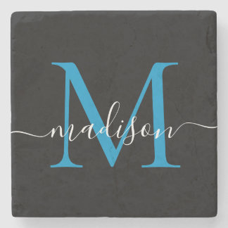 Modern Zwart Blauw Monogram Vrouwelijk Script Naam Stenen Onderzetter